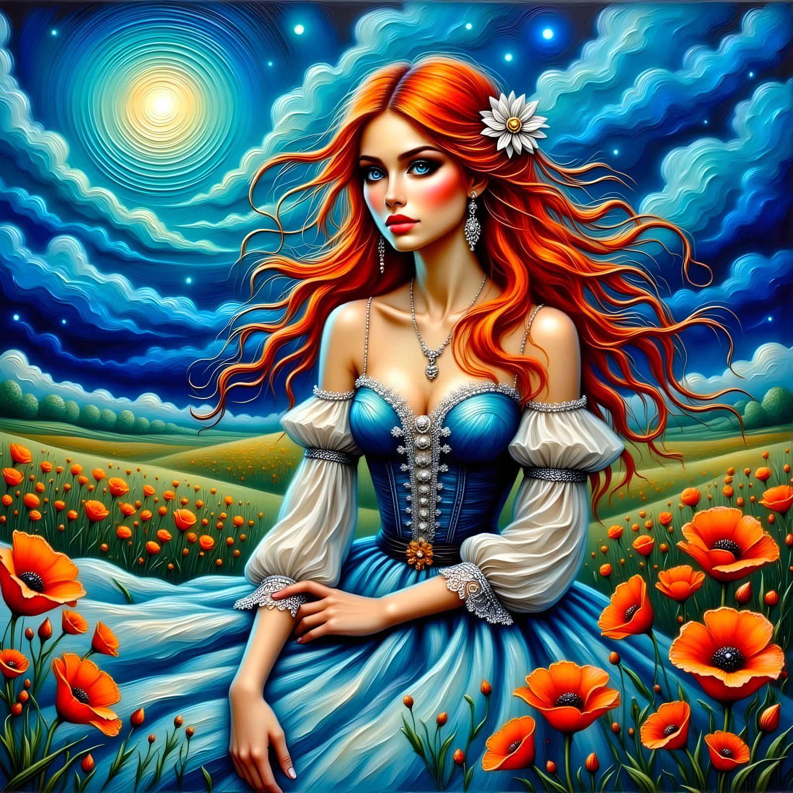 Ethereal Boho Lady in Vibrant Floral Field