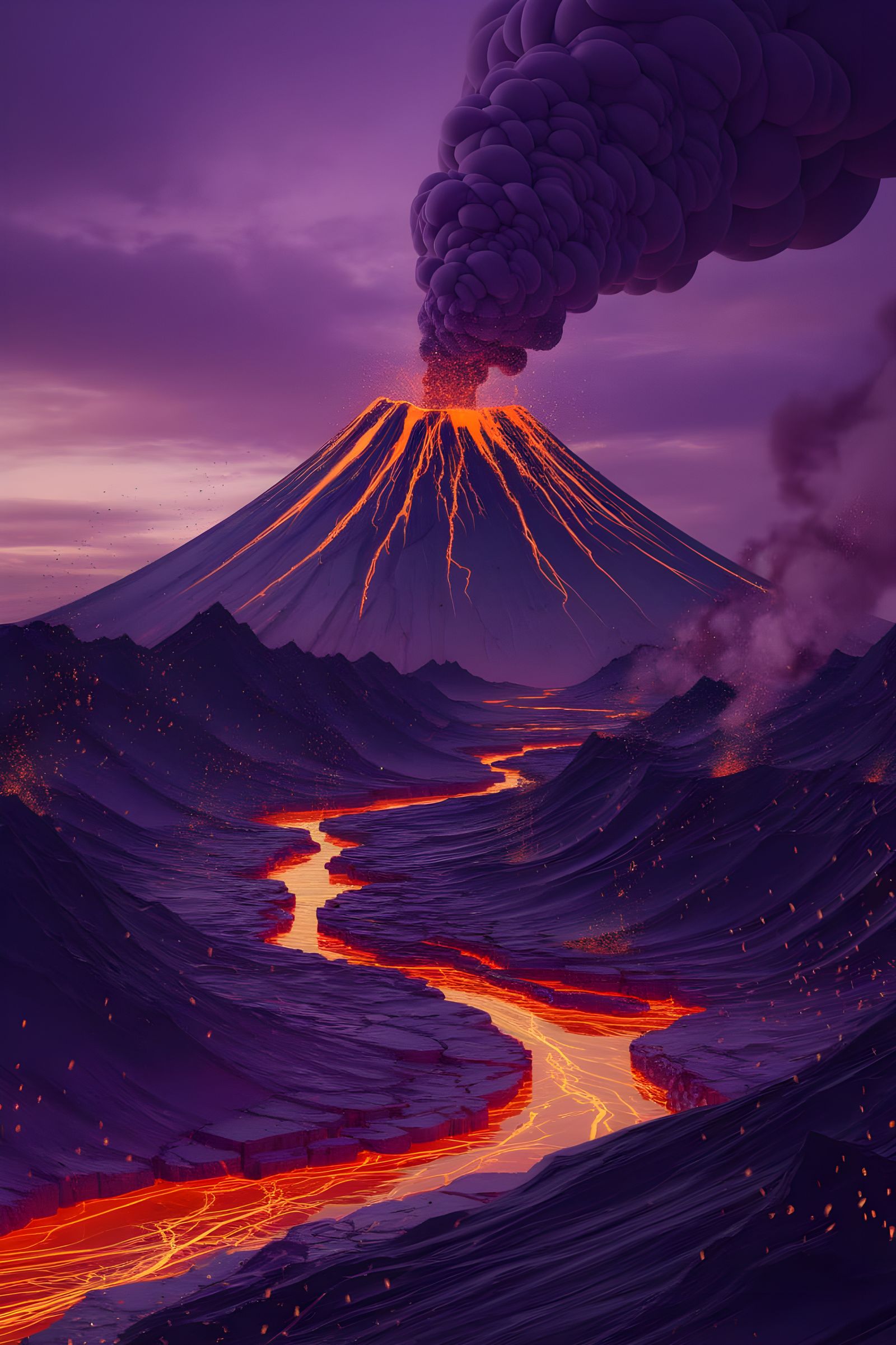 Ethereal Volcanic Eruption in Vibrant Purple and Orange