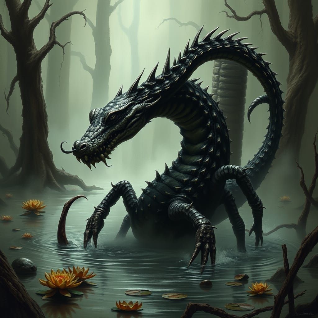 Dark Fantasy Crocodile-Snake-Scorpion Hybrid Emerges from Ha...