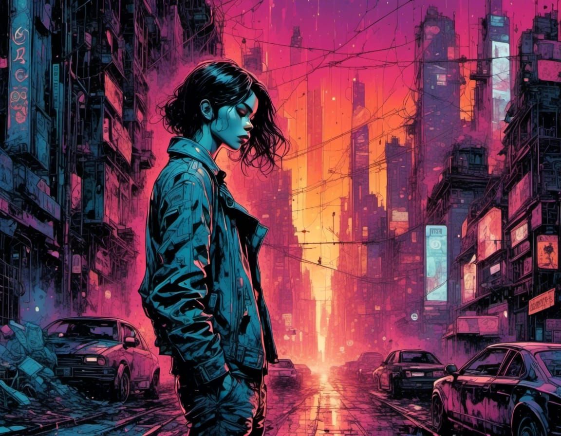 Cyberpunk Cyborg in Neon Cityscape