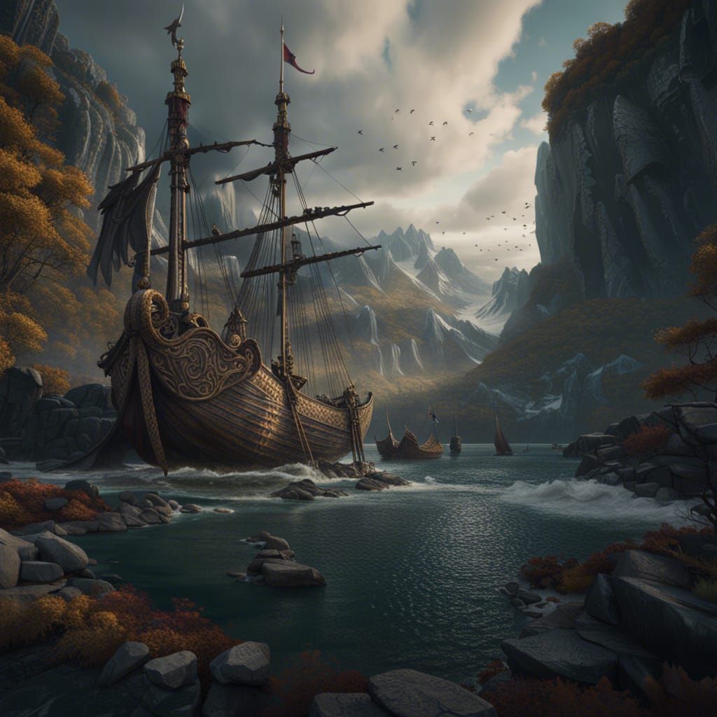Detailed Matte Painting of Vikings in Fantasy Landscape