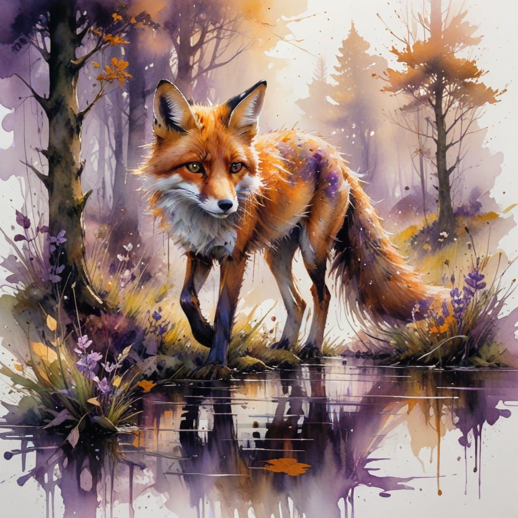 Fox in Twilight Meadow: Watercolor Painting