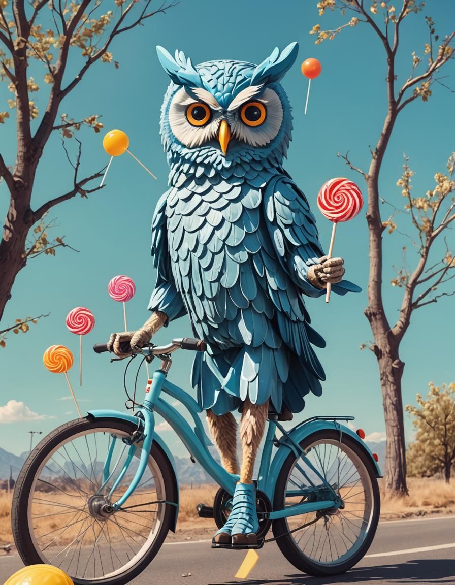 Blue Owl on Bicycle in Synthwave Neon Style