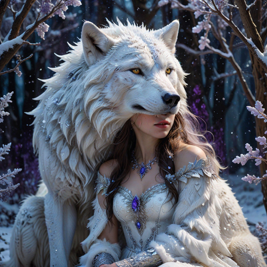 Surreal Winter Goddess in Radiant Nighttime Scene with Icy B...