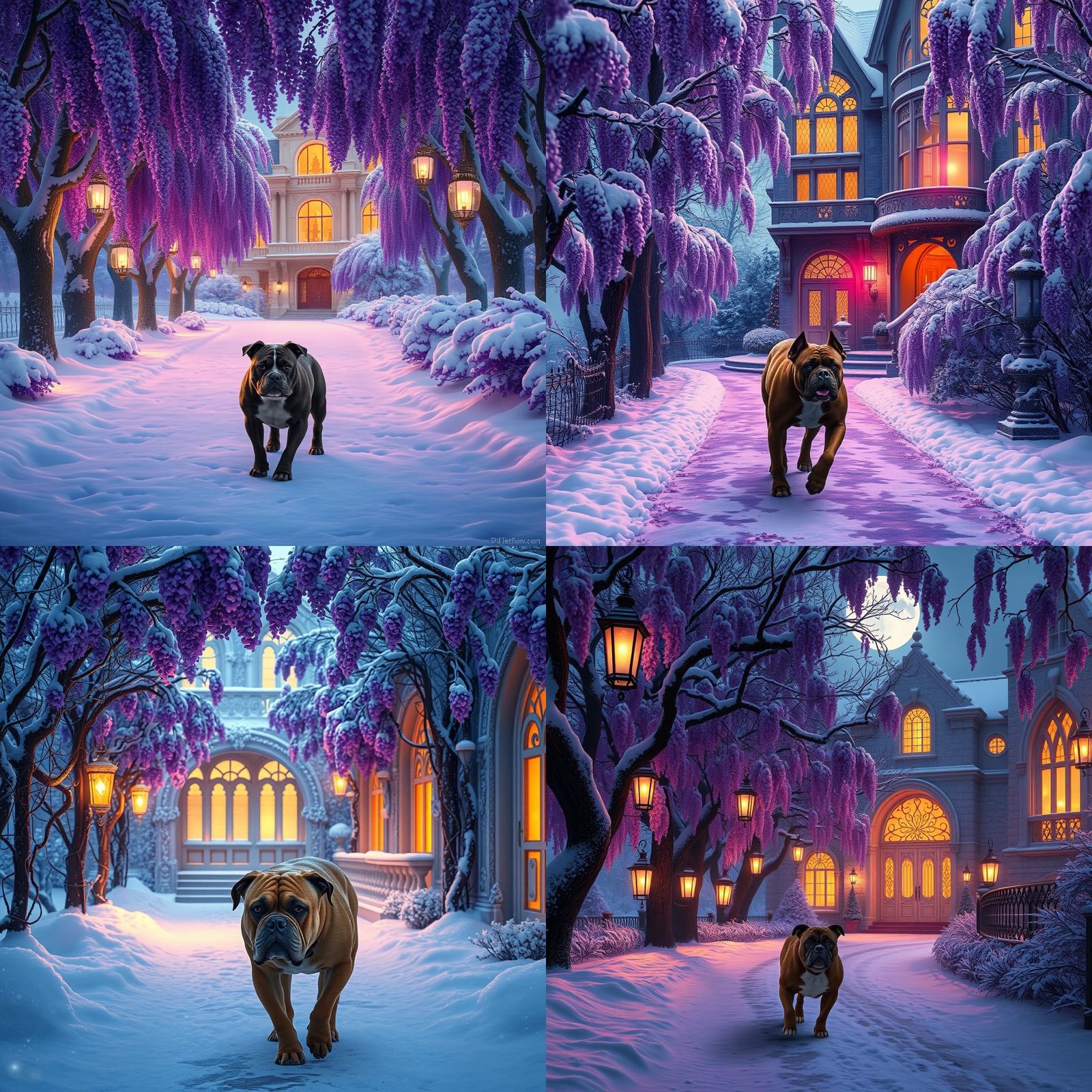 Enchanted Snowy Lane with Wisteria and Bulldog