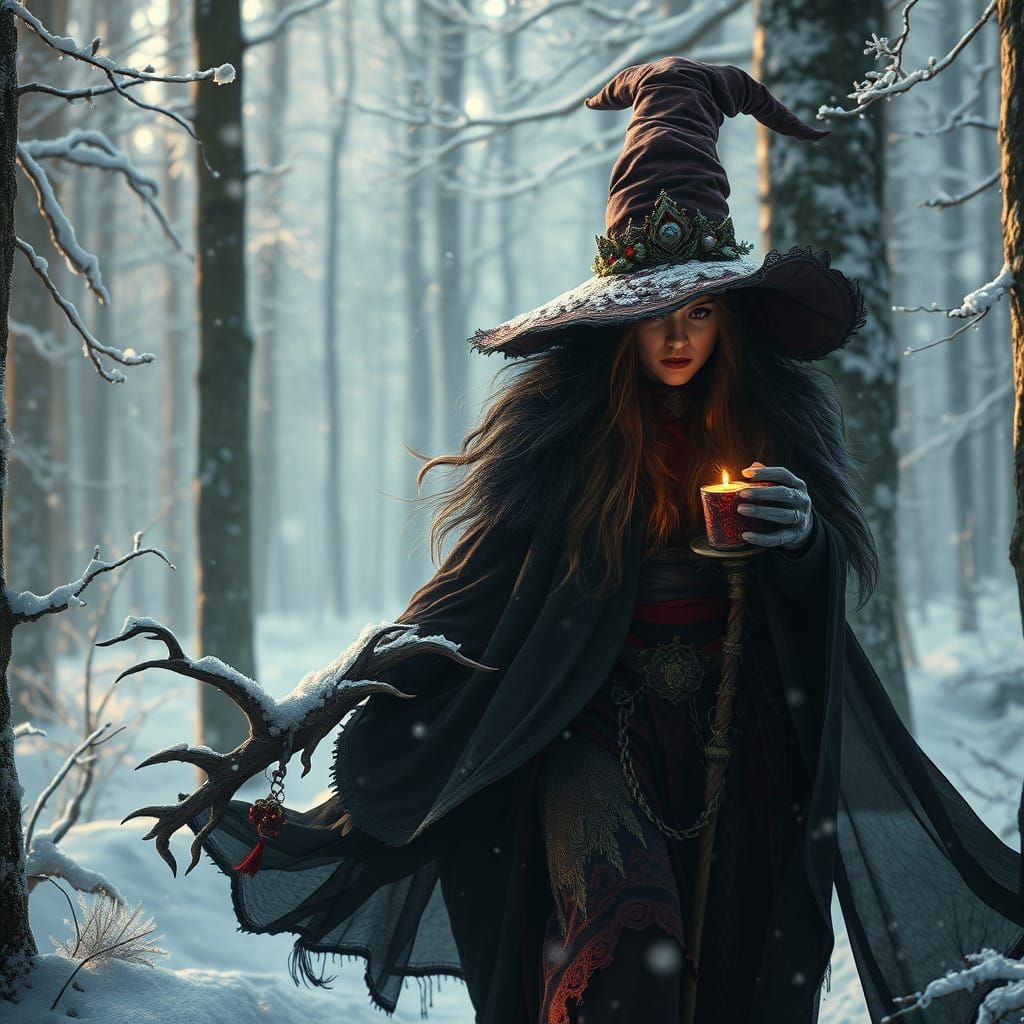 Epic Christmas Witch Roams Snowy Forest in Cinematic Digital...