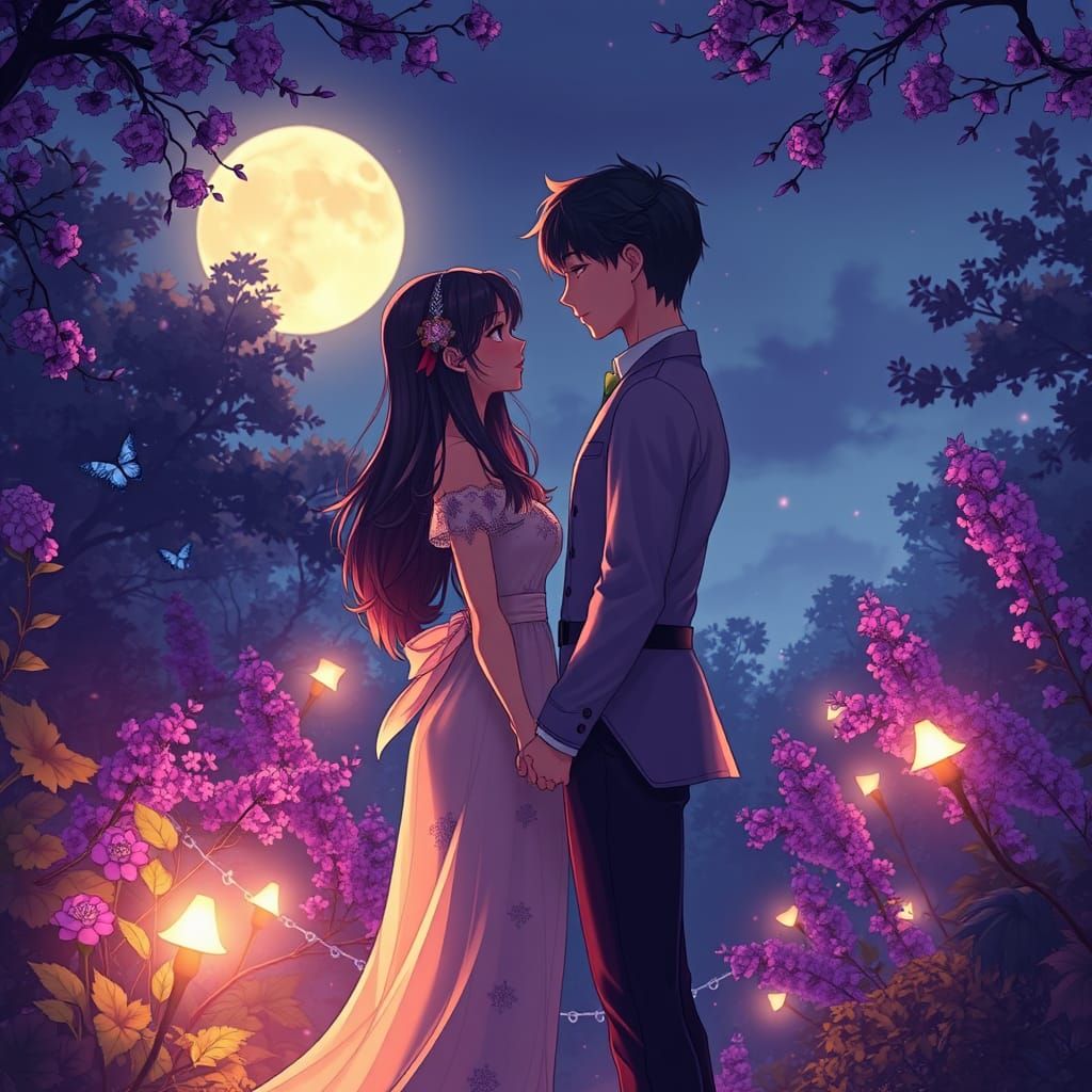 Anime Style Couple Under Moonlit Garden