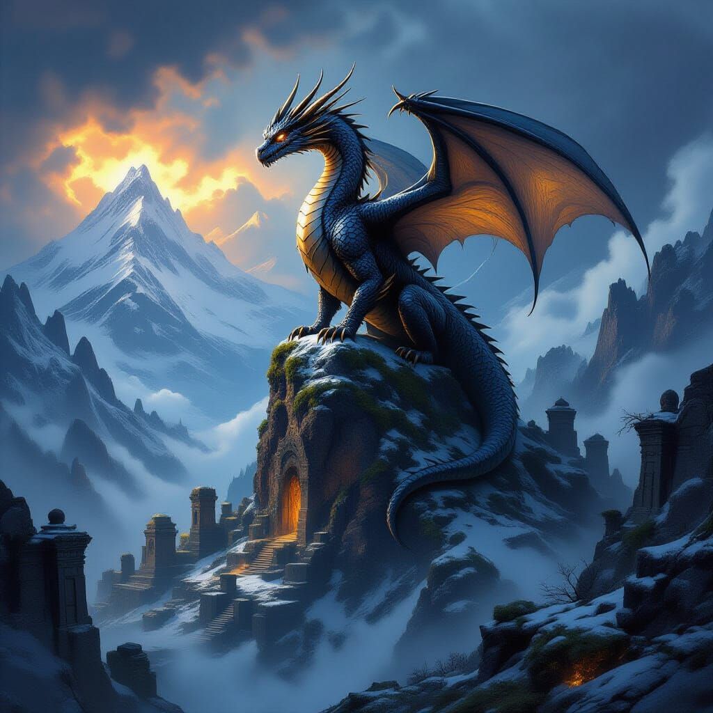 Obsidian Dragon on Snowy Peak in Dark Fantasy Style