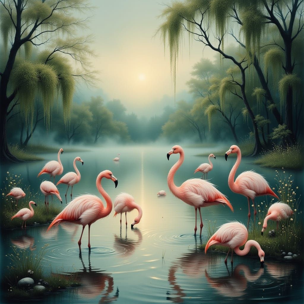 Flamingos Wade in Misty Lake at Dawn, Delicate Strokes