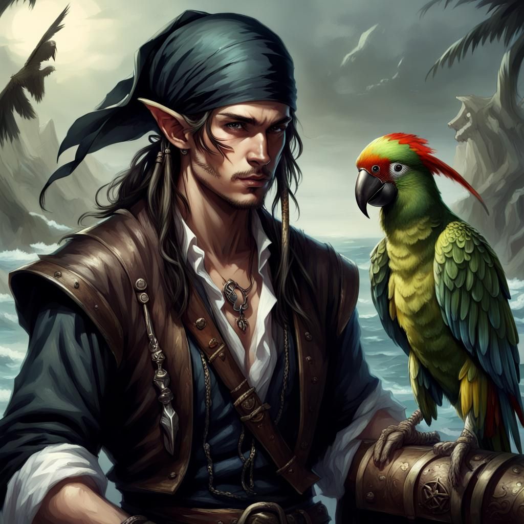 Elf Pirate with Parrot in Fantasy Art Style