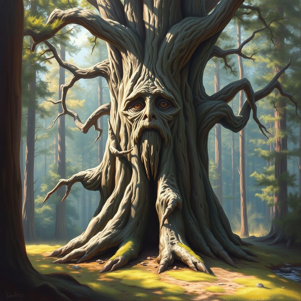 Mystical Tree with Carved Face in Oil Painting Style