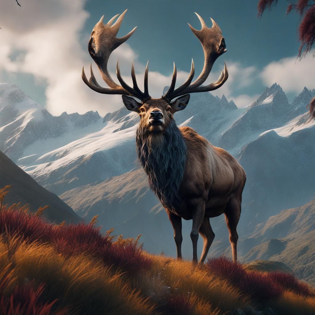 Majestic Stag in New Zealand Mountains