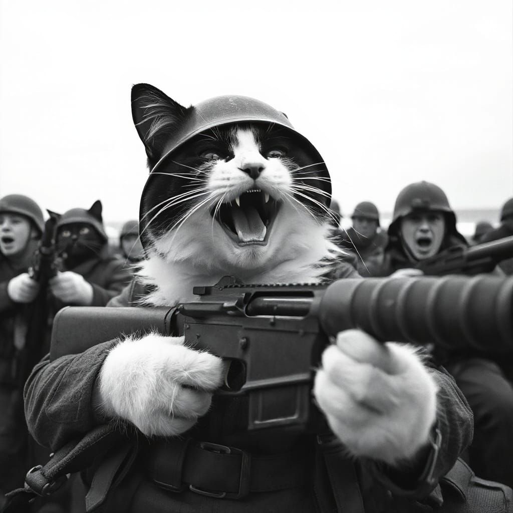 Anthropomorphic Cats Storming Normandy Beach in Sepia Tone