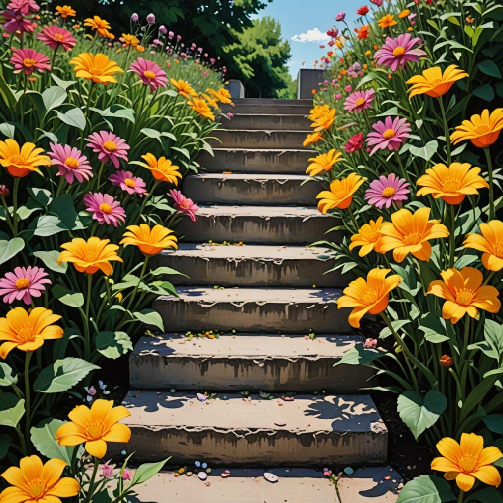 Post modern abstract steps and flowers