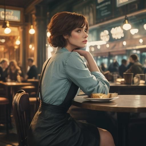 Pensive Woman at Parisian Cafe: Cinematic Film Still