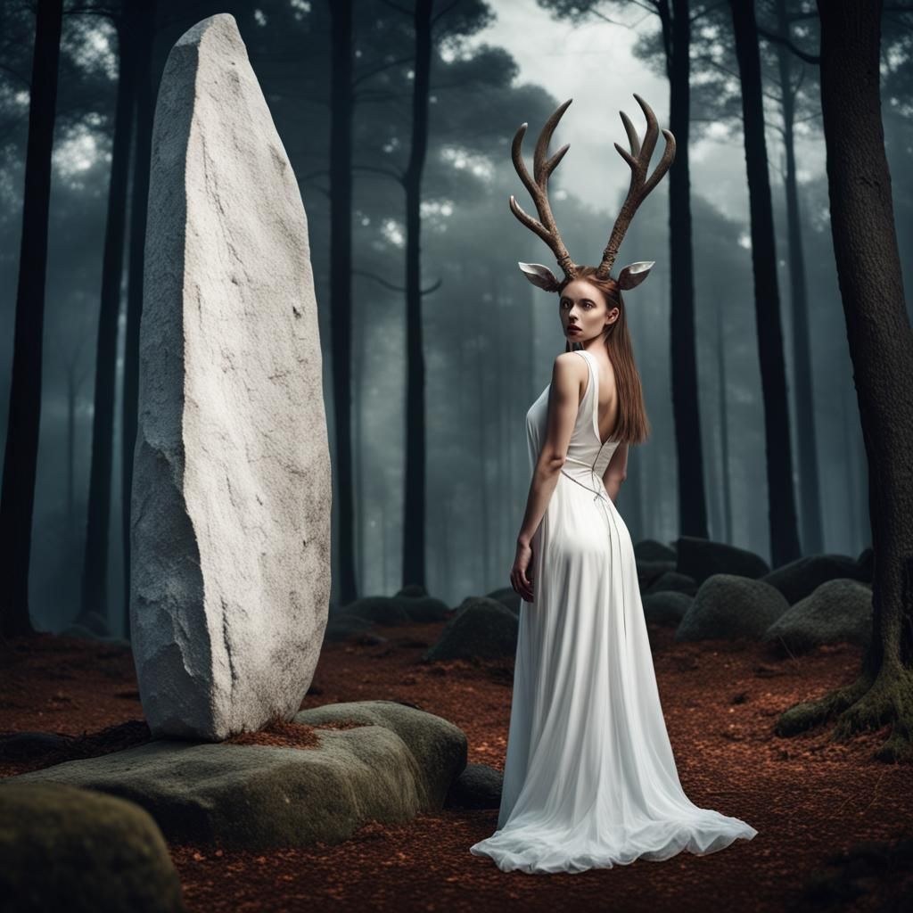 Gothic Priestess with Deer Horns in Forest