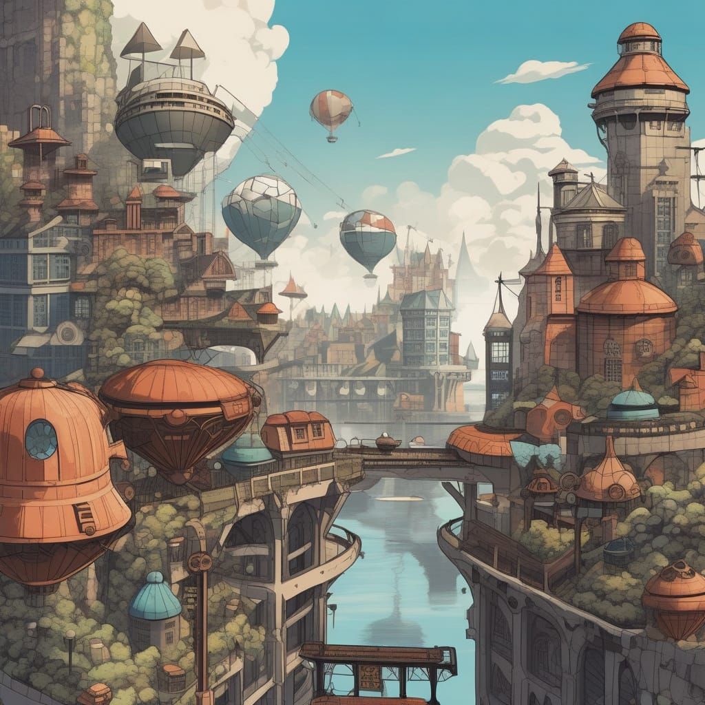 Fantastical Steampunk Cityscape in Miyazaki Style
