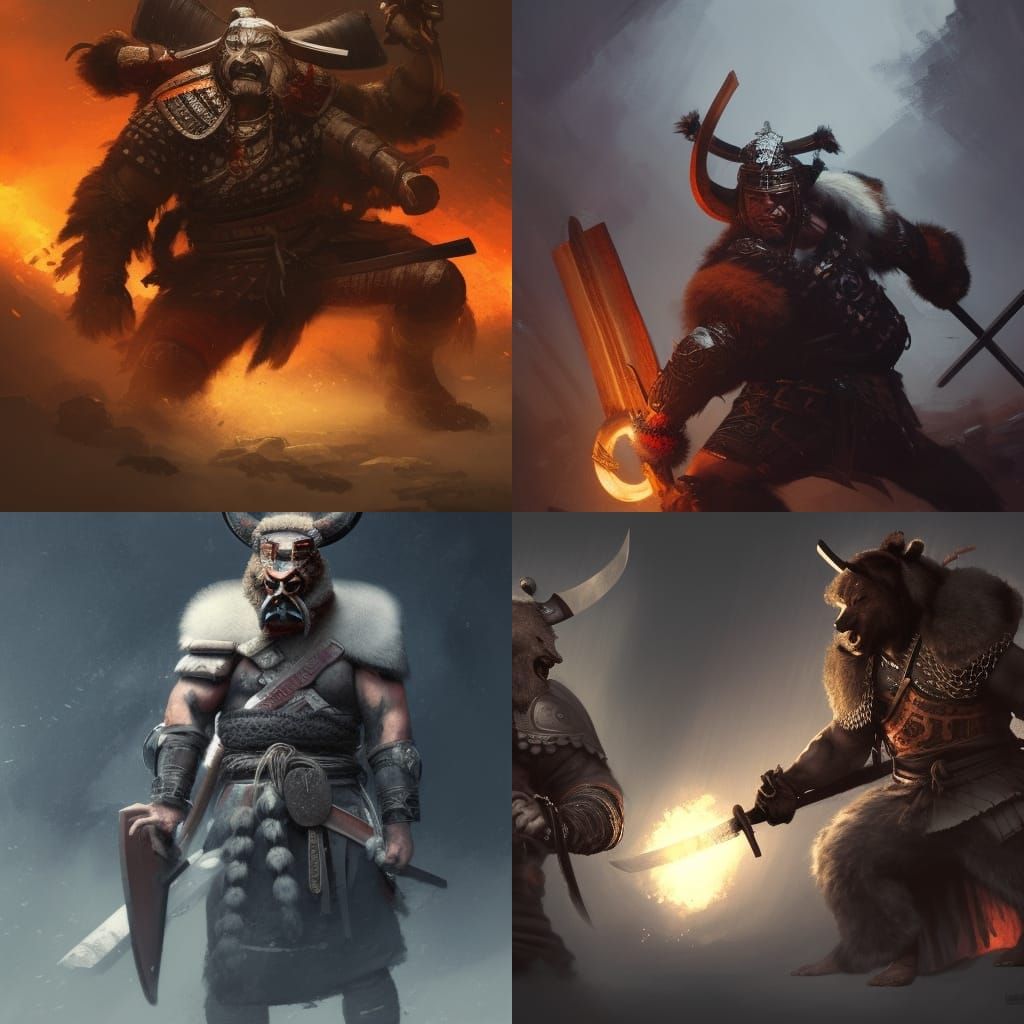 Samurai and Viking Battle in Dark Fantasy Style