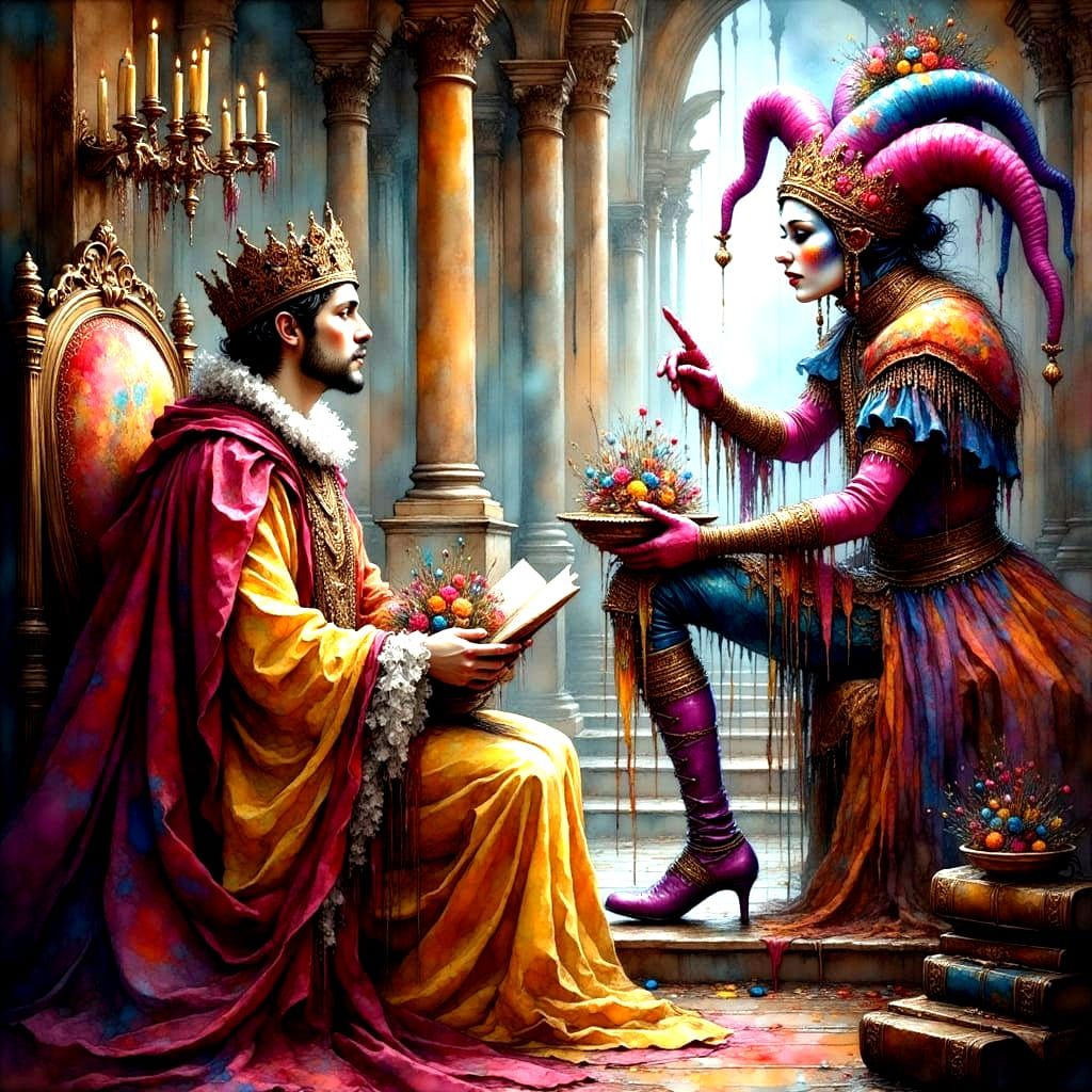 Royal Couple Watch Jester in Opulent Roman Setting