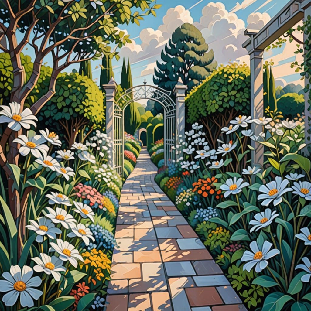 Neo-Cubist Garden Path with Silver Flowers
