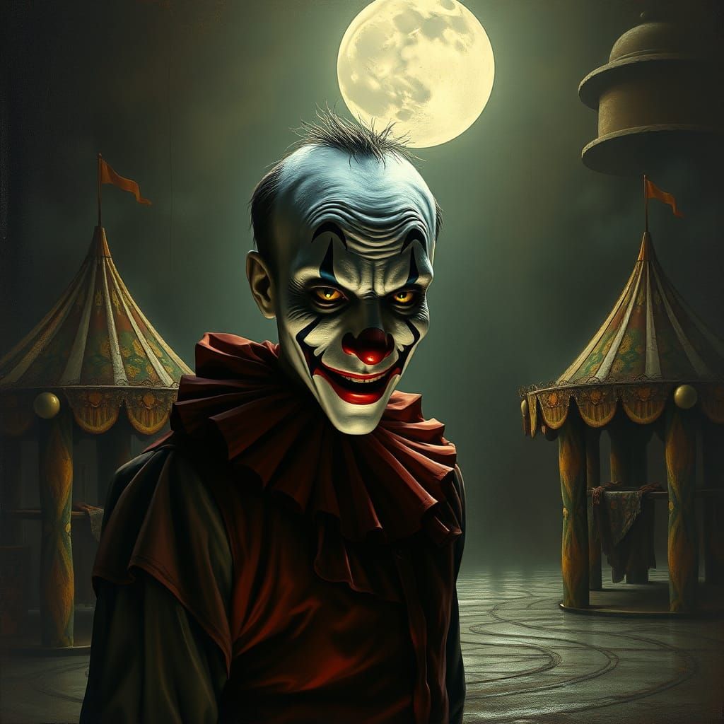 Creepy Clown in Dystopian Circus, Impasto Palette Knife Styl...
