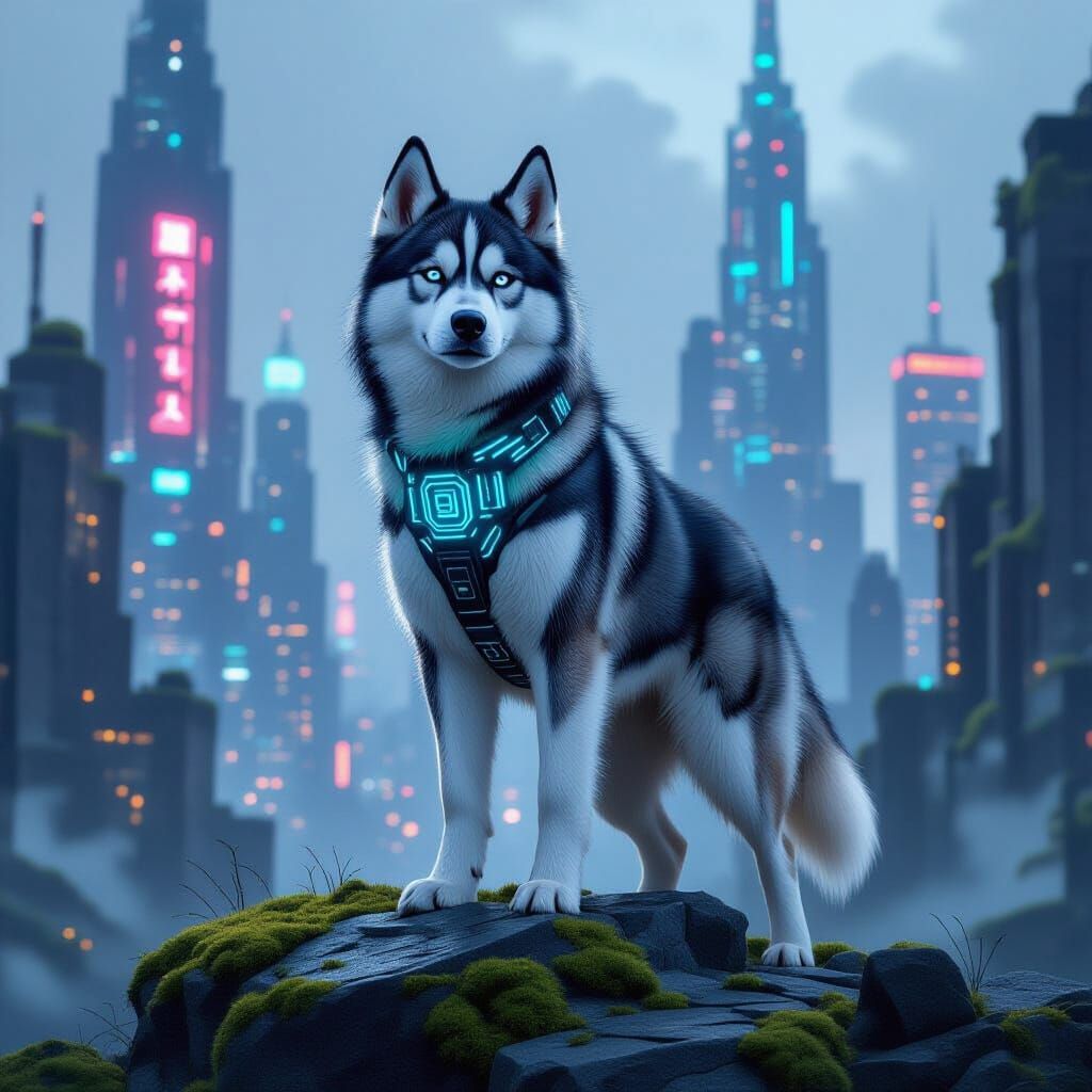 Bioluminescent Husky in Futuristic Ruins, Digital Art