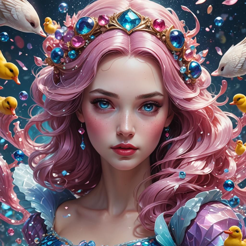 Snow White Space Mermaid with Ducks, Digital Art