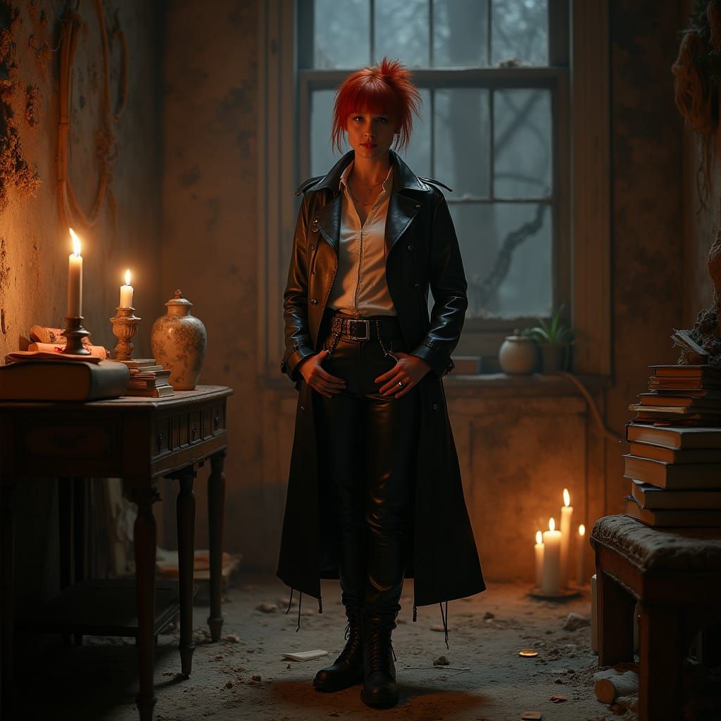 Red-Haired Punk Woman in Leather Amidst Mystical Symbols