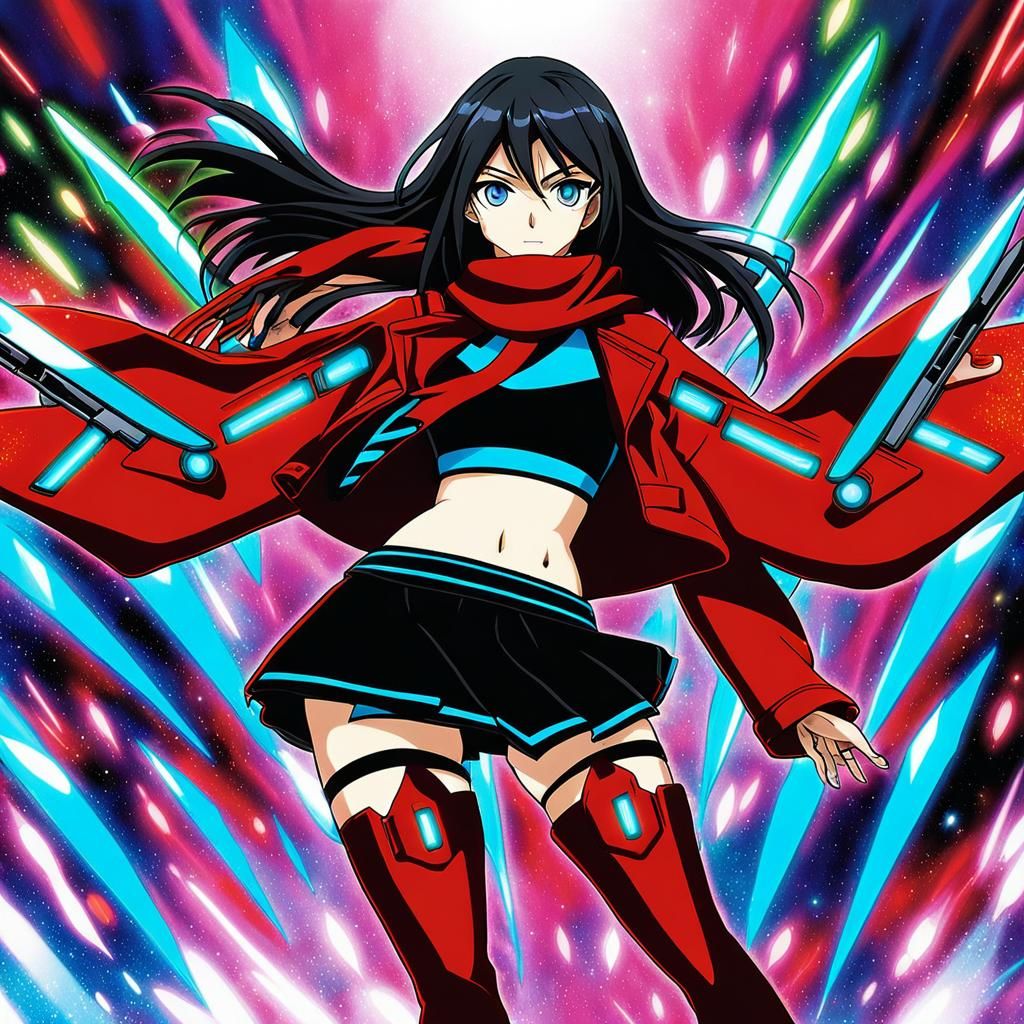 Cyborg Anime Girl with Neon Blades in Manga Style