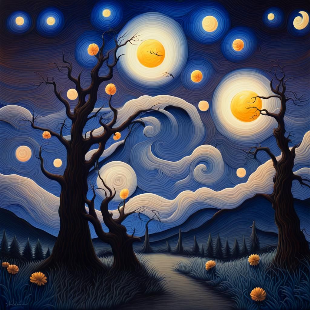 Autumn Landscape with Moon in Cartoon Art Style