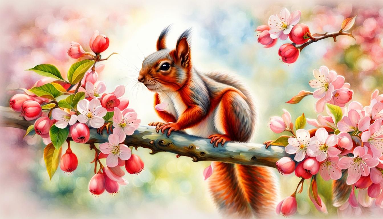 Squirrel with Crab Apple Blossoms in Pastel Colors