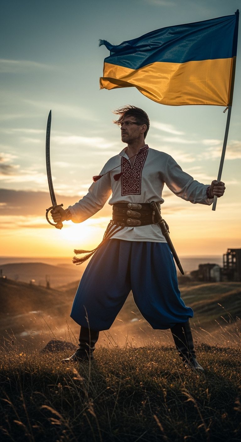 Ukrainian Man with Saber and Flag in Historical Realism