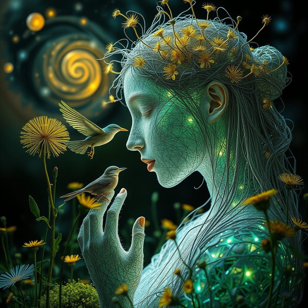 String Woman Kissing Bird: an Eco-Art Portrait