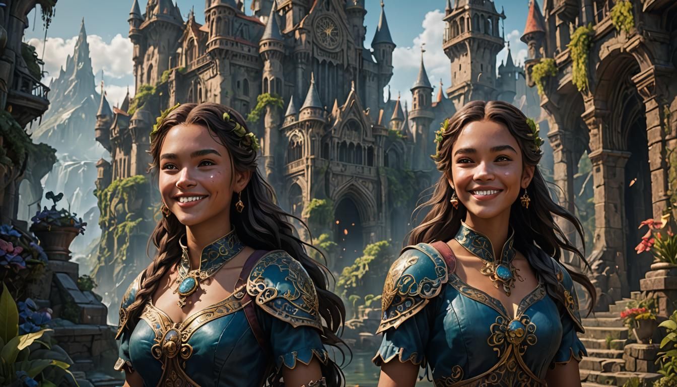 Smiling Young Sisters in Detailed Matte Painting