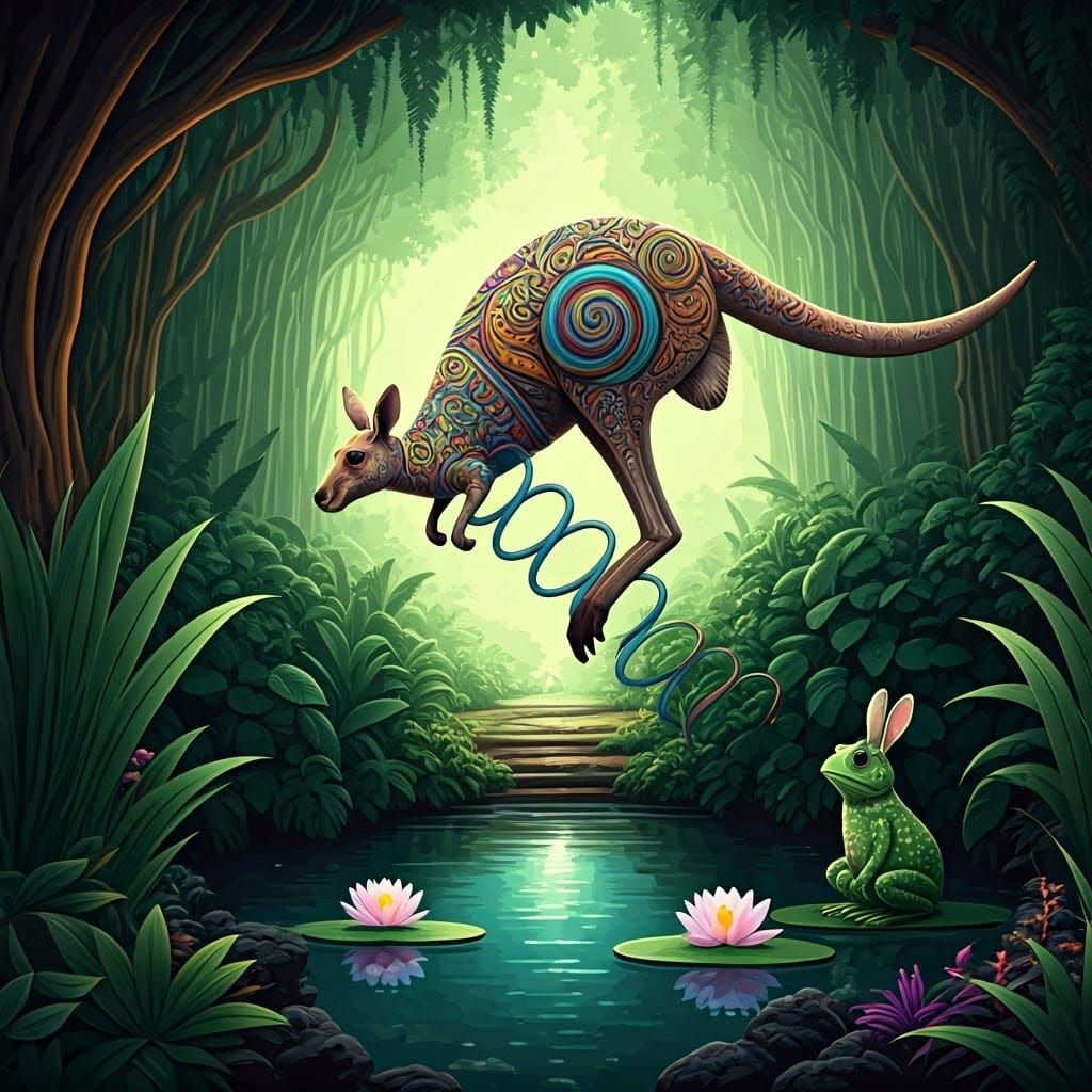 Kangaroo Spring Jumps Over Frog-Rabbit Pond