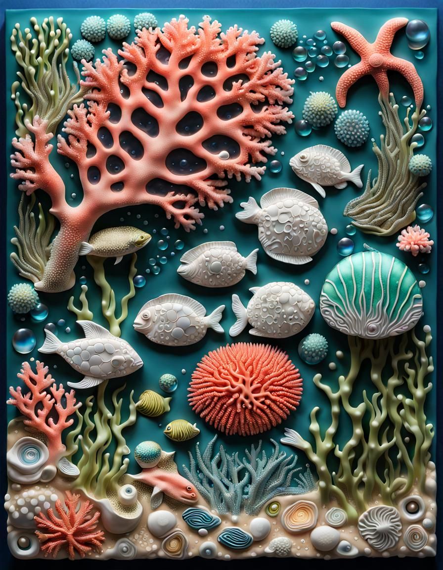 Intricate Coral Reef Mixed Media Neo-Impressionism