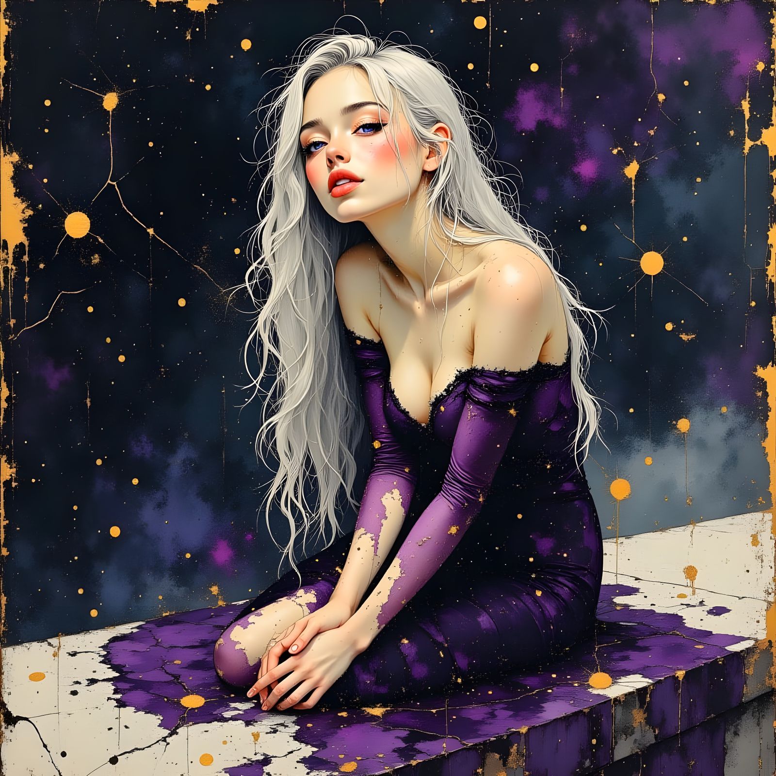 Norse Goddess Laughing in Purple Dress on Balcony