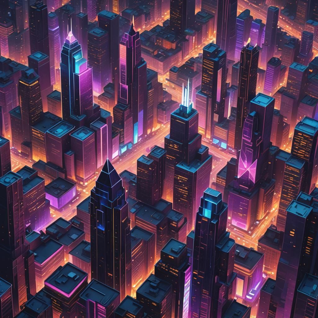 Futuristic Cityscape in Pointillist Art Deco Style