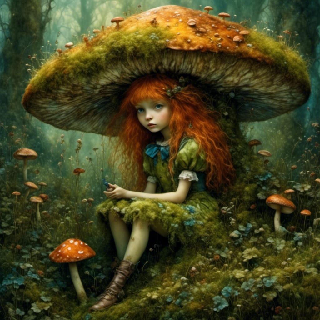 Enchanted Forest Sprite Hiding in Wonderland, Mixed Media