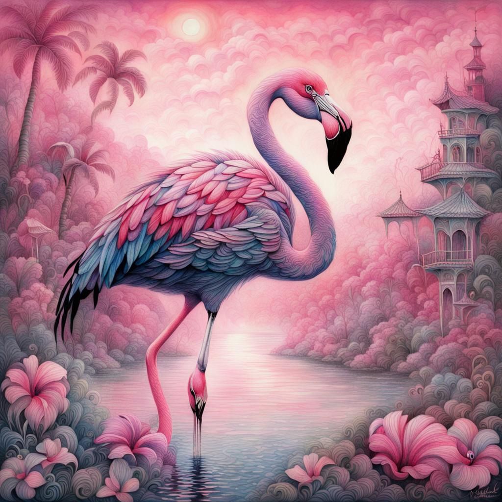 Pink Flamingo Zentangle in Ethereal Landscape