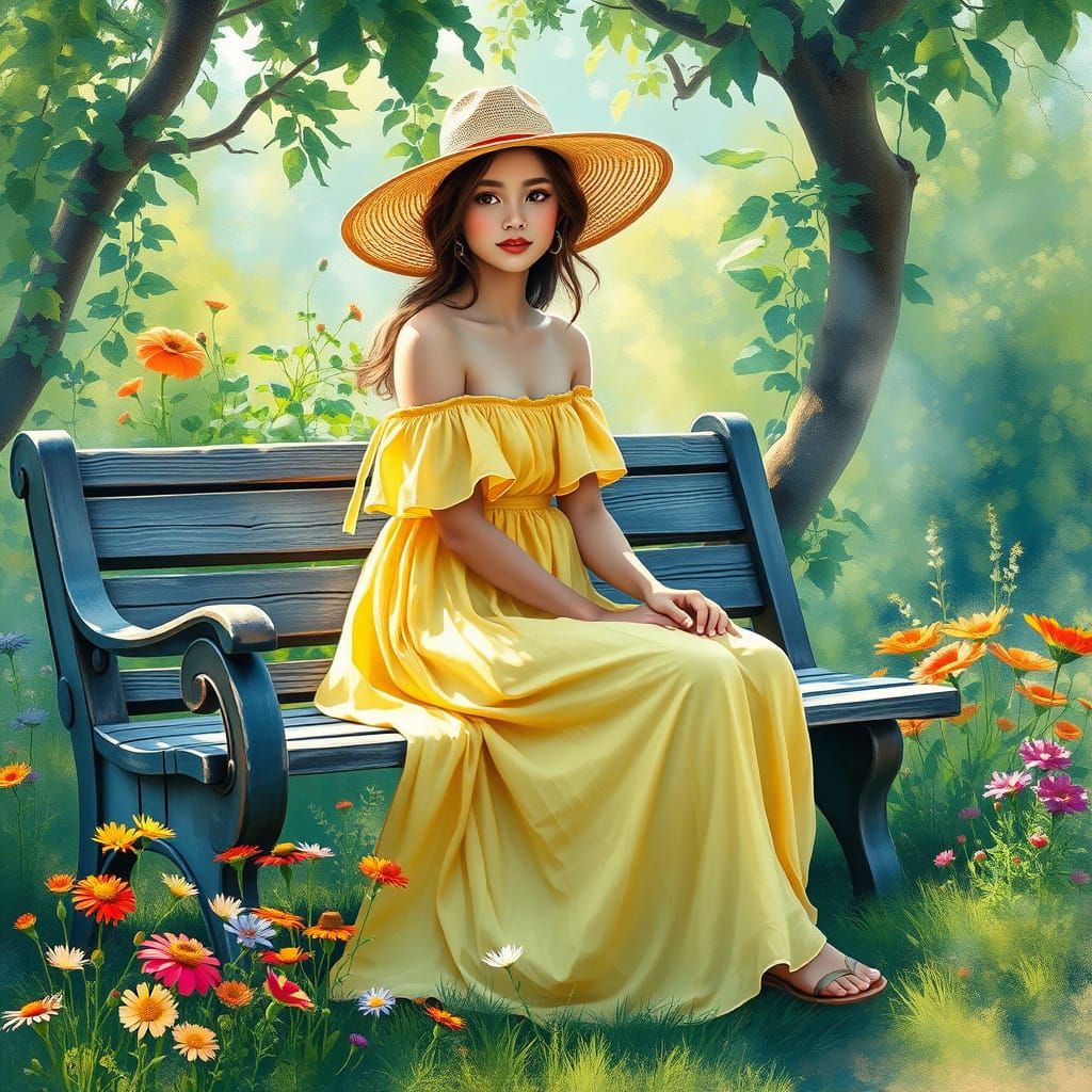 Woman in Garden, Impressionistic Watercolor Painting