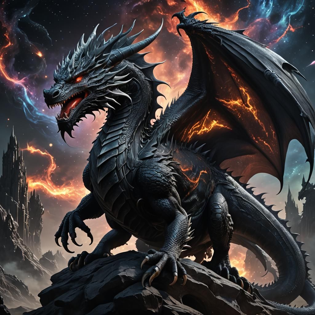 Photorealistic Black Dragon in a Galaxy, Hyperrealism