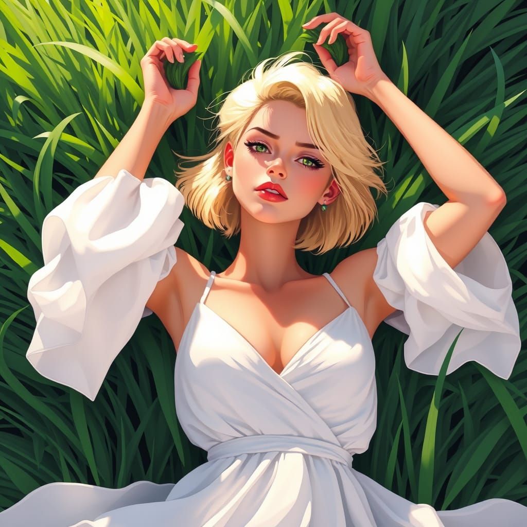 Blonde Woman in Grass, Stylized 2.5D Art