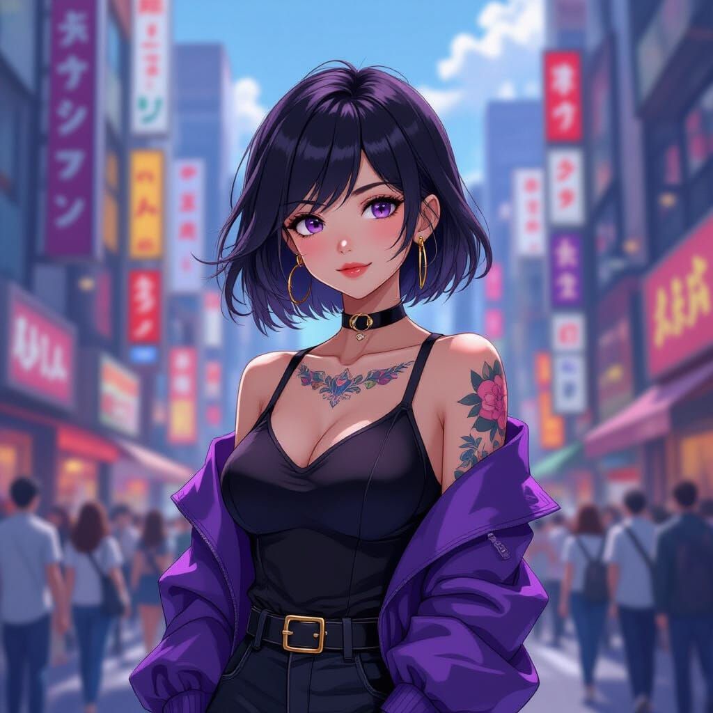 Anime Girl in Tokyo Street, Cel-Shaded Style