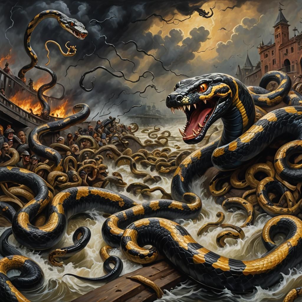 King Snake Leads Angry Horde: Fantastical Oil Painting