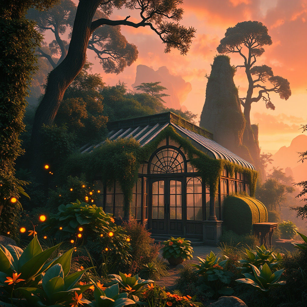 Mystical Greenhouse in Dreamlike Landscape, Concept Art