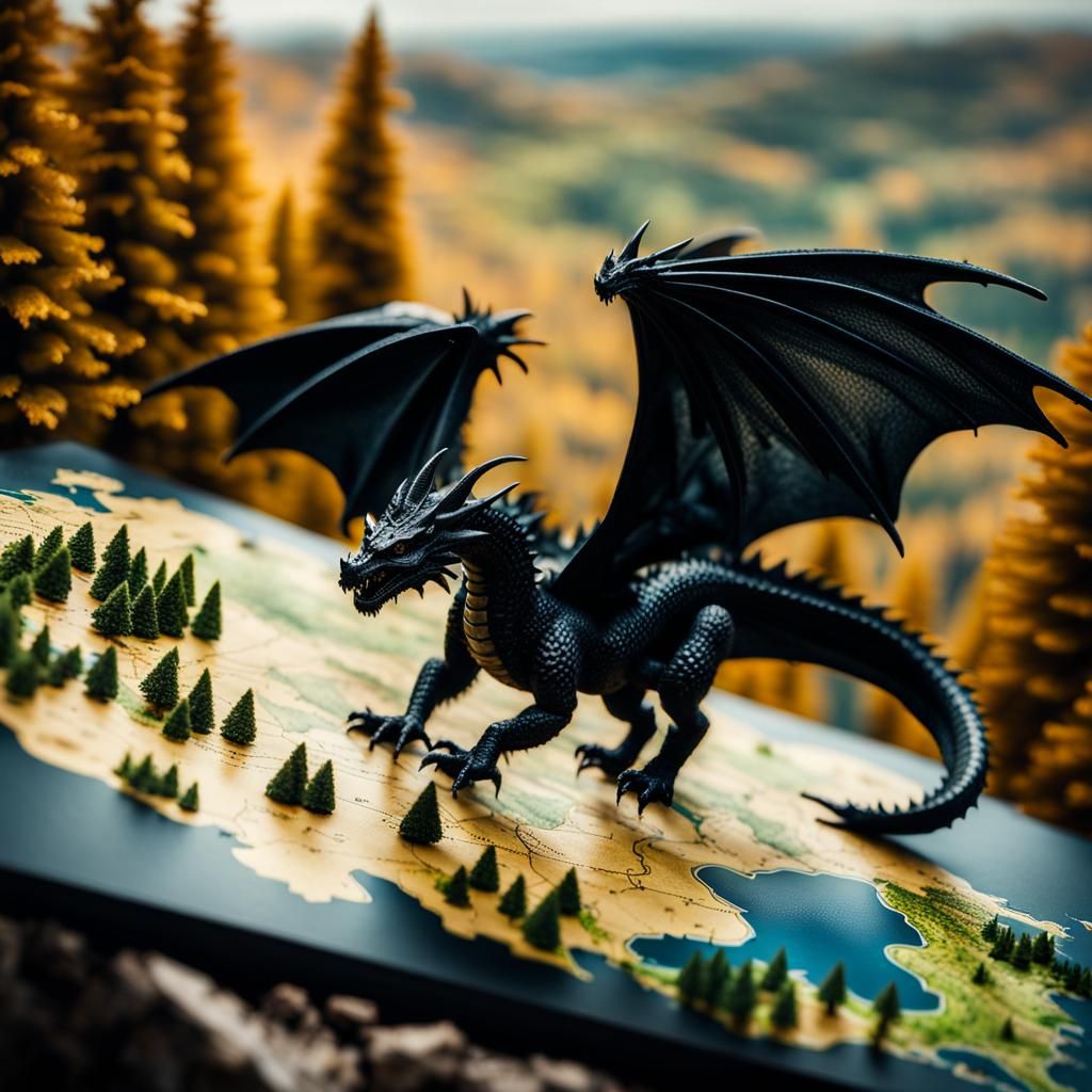 Detailed Topographical Map with Dragon, Hyperrealistic Art
