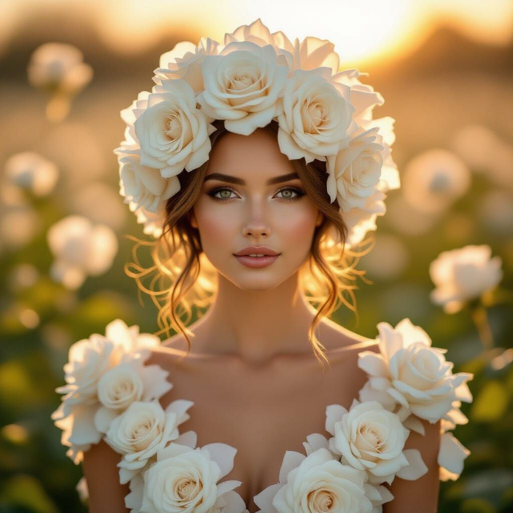 Woman Made of White Rose Petals in Golden Hour