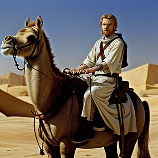 A photo of <lora: very old Ewan McGregor as Obi Wan Kenobi:1.0> riding a Camel on Tattooine