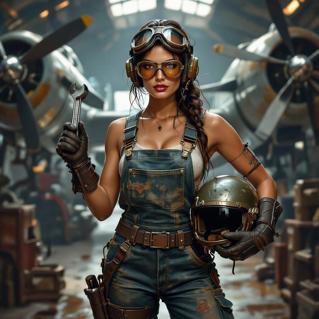 Dieselpunk Pilot Queen in Hangar: Hyperrealistic Art